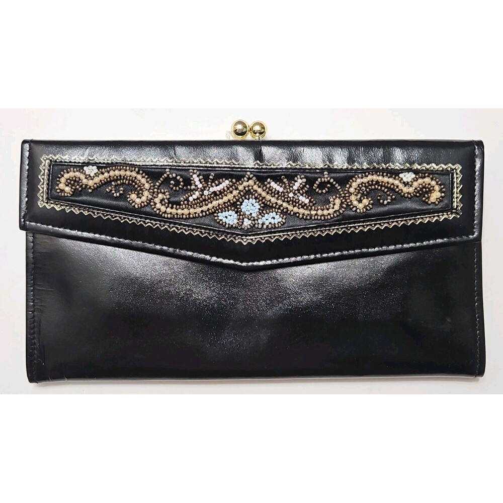 Vintage Daniel Beaded  Kisslock Wallet Clutch Top Grain Cowhide Nos